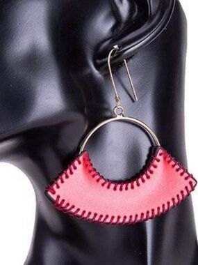 Womens Red Leather Hoop Earrings